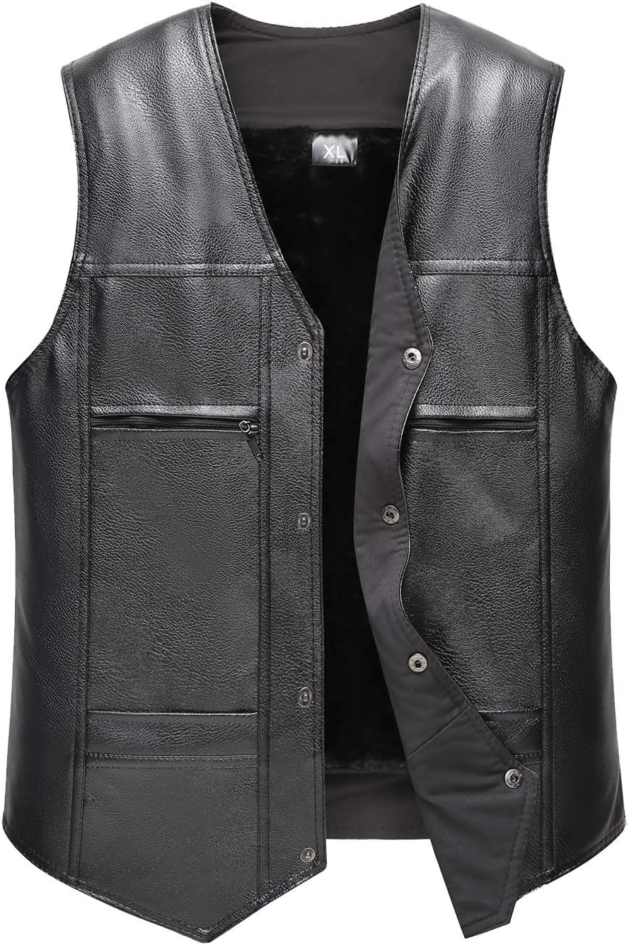 Elderly Mens Winter Leather Vest Soft Warm Thick Waistcoat Sleeveless Front Snap V Collar Jacket