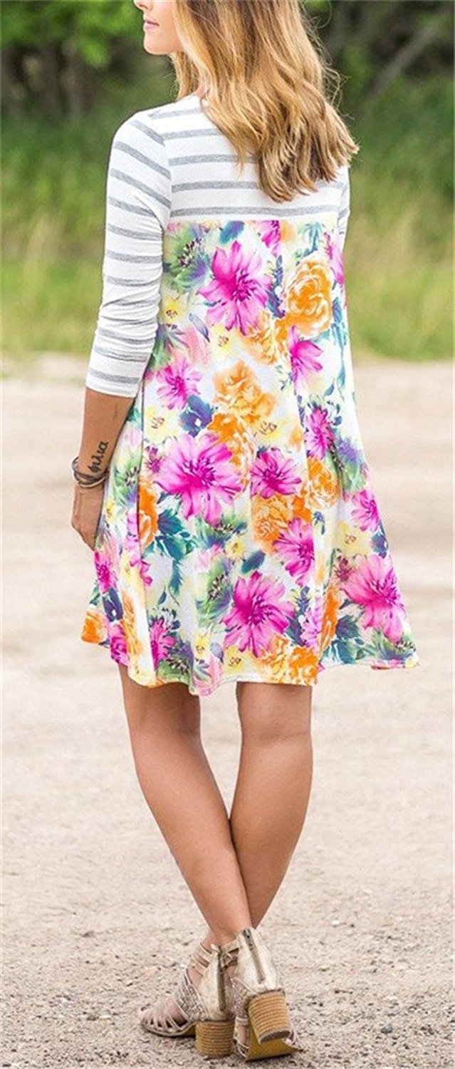 Women\'s Long Sleeve Floral Casual Striped T-Shirt Swing Dress with Pockets Orange M