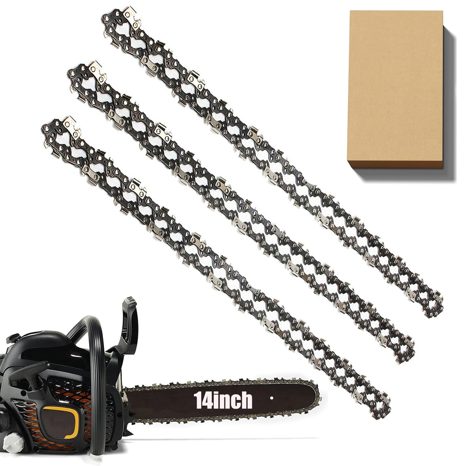3 Pack Chainsaw Chain for 14 Inch (35cm) Bar, 3/8" LP 52 Drive Links 0.050" Gauge, Replacement Chain fits for Husqvarna, Hyundai, Einhell, McCulloch, Ryobi and More (91P052X3) and Other Chainsaws