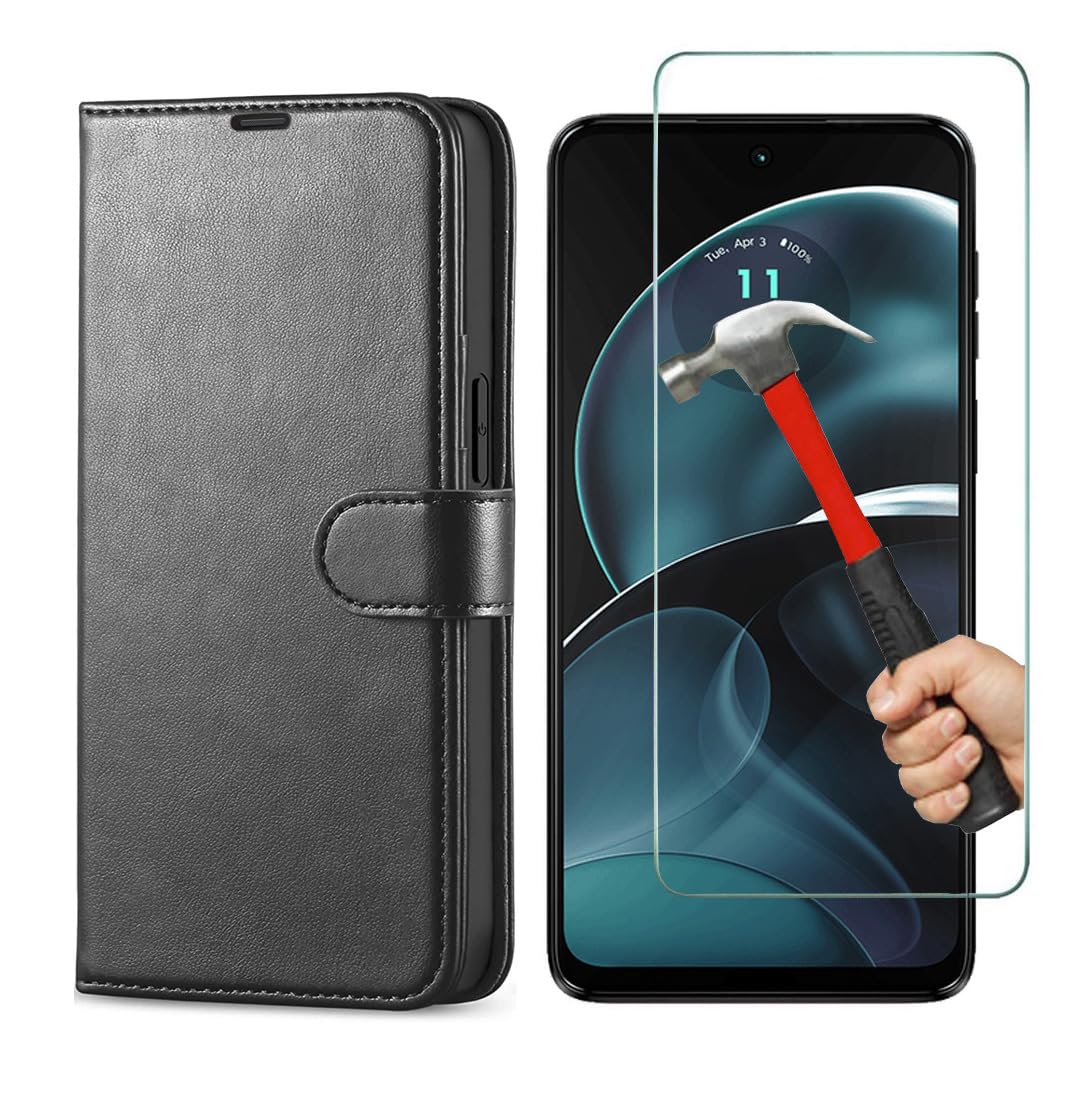 KP TECHNOLOGY Moto G14 Case, Motorola Moto G14 Book Flip Leather Wallet Cover with Tempered Glass Screen Protector for Motorola Moto G14 (BLACK)