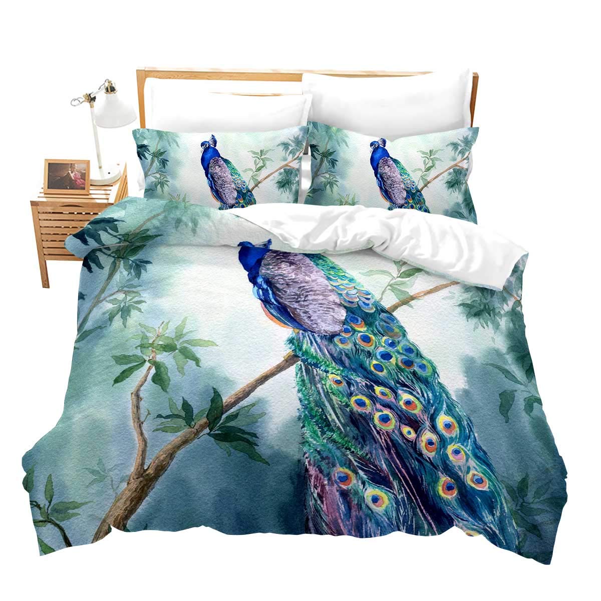 Loussiesd Chinoiserie Chic Peacock Duvet Cover Garden Botanical Bird and Tree Branches Vintage Stylized Bedding Set Tribal Peacock Feathers Decorative Comforter Cover with 2 Pillow Shams King Blue