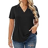 Plus-Size-Summer-Tops for Women Casual Collared V Neck Polo Shirts Business Pleated Tunics Trendy Short Sleeve Blouses