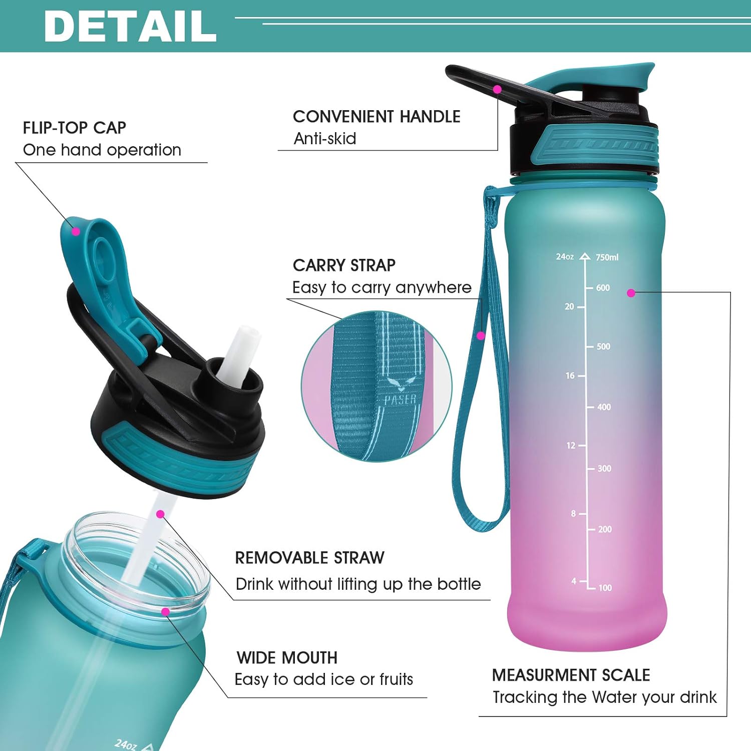 PASER 24oz Water Bottles with Times to Drink, Leakproof TRITAN & BPA Free Drinking Water Bottle with Removable Straw to Provide Adequate Water for Your Body (with Gift Box, Straw Brush) : Sports & Outdoors