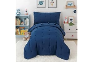 DreLunis 4-Piece Toddler Bedding Set for Boys Navy Blue Embroidery Kids Comforter Sets Soft Breathable Toddler Bed-in-a-Bag I