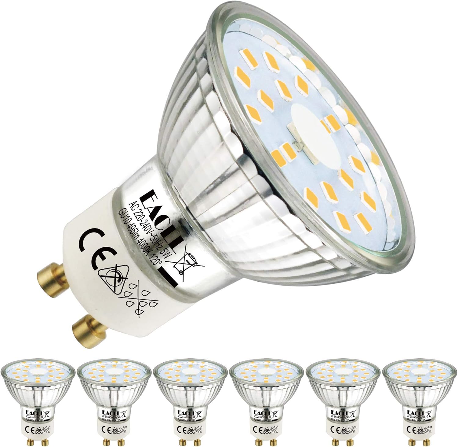 EACLL GU10 LED Bulbs Neutral White 4000K 4.9W Equivalent 75W Halogen, Pack of 6, 585 Lumens AC 230V Flicker-Free Spot Light