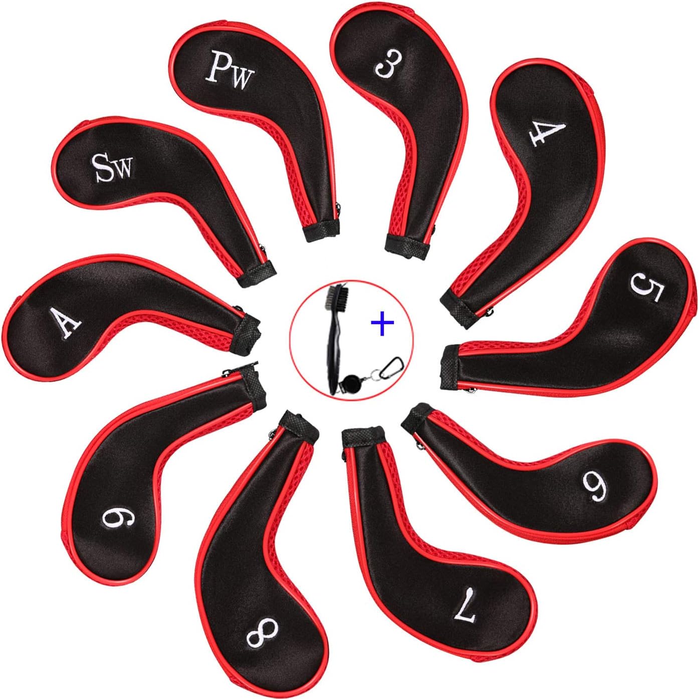 EDATOFLY 10 Pieces Golf Iron Head Covers Long Neck Number Printing Irons Head Covers Set and 1 Piece Golf Iron Club Brush (Black+Red) - Image 3