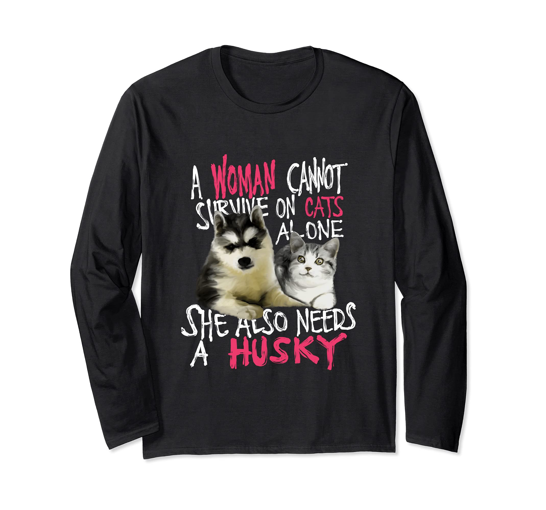 Women's Siberian Husky Dog And Cats Long Sleeve T-Shirt