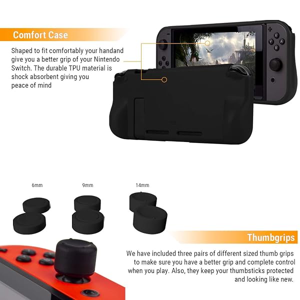 ORZLY ACCESSORY BUNDLE KIT DESIGNED FOR NINTENDO SWITCH ACCESSORIES GEEKS AND OLED CONSOLE USERS CASE AND SCREEN PROTECTOR, JOYCON GRIPS AND WHEELS FOR ENHANCED GAMES PLAY AND MORE – JET BLACK