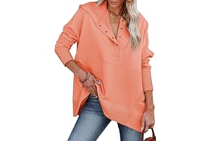 AlvaQ Women Casual Button V Neck Hoodies Oversized Pullover Sweatshirt Hooded Tops with Pockets