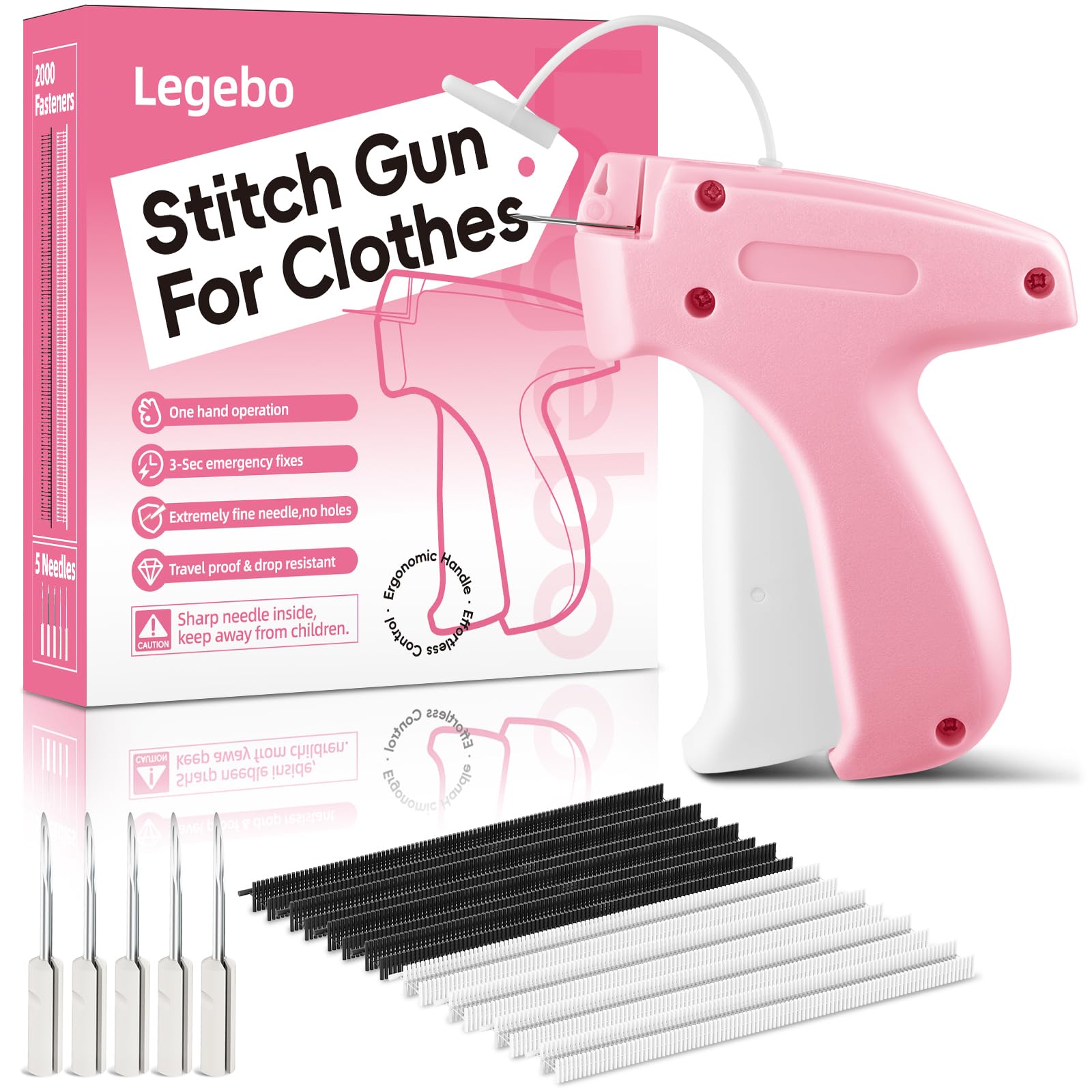 Photo 1 of Legebo Stitch Gun for Clothes, Handheld Stitch Gun Quick Clothing Fixer, Portable Tagging Gun for Home & Retail Use, Includes 6 Needles,1000 Black & 1000 White Fasteners (Pink,1pcs+2000tag)