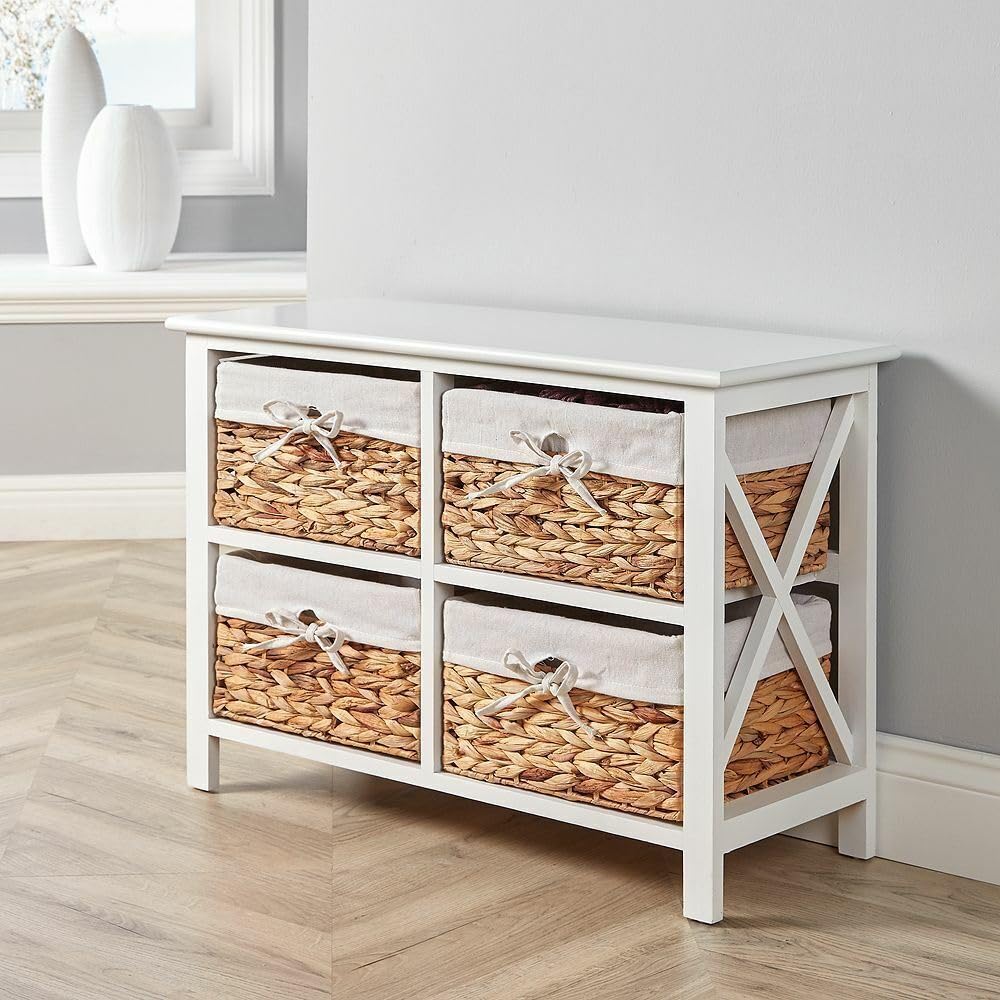 Home Source Wooden Storage Cabinet Chest Water Hyacinth Basket Hallway Organiser Unit, White, 4 Drawer