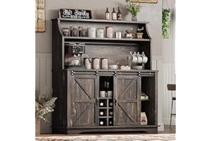 REVOMINCA 47" Farmhouse Coffee Bar with 3-Tier Storage, Kitchen Hutch with 12 Wine Racks & 3 Glass Holders, Coffee Hutch Cabinet with 6 Hooks, Wine Bar Cabinet for Kitchen, Dining Room, Living Room, Rustic Oak