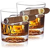 Chouggo Cigar Whiskey Glasses - Unique Ice Ball Bottom Design, Old Fashioned Whiskey Glasses with Cigar Holder Rest Set of 2, Whiskey Gifts for Men, Dad, Boyfriend, Husband, Grandpa