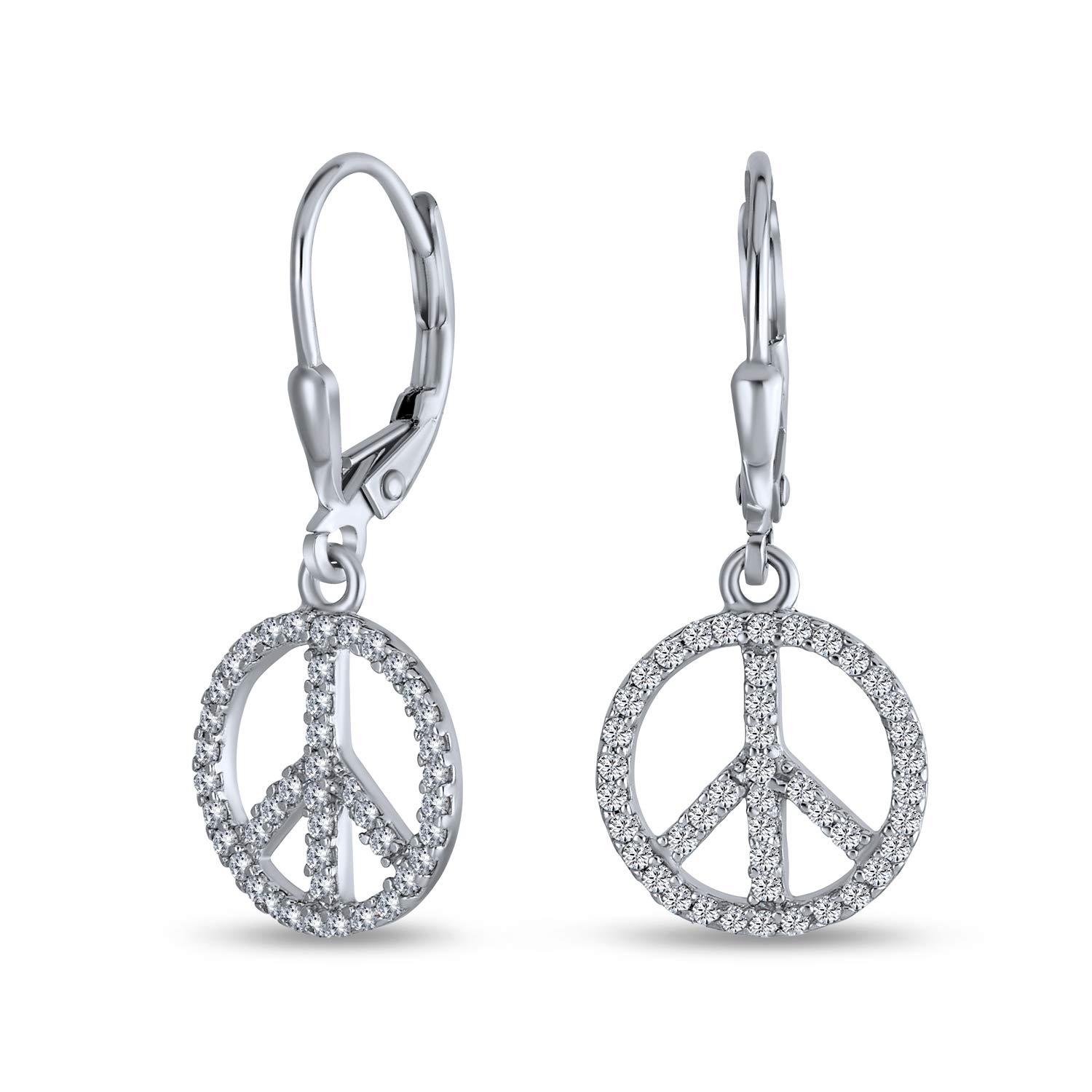 Message World Peace Sign Symbol Cubic Zirconia Pave CZ Lever back Drop Dangle Earrings For Women For Teen .925 Sterling Silver โ image 1