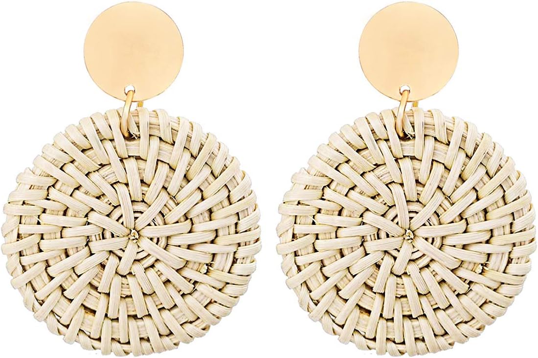 Woven Rattan Earrings Handmade Wicker Earrings Straw Knit Hoop Earrings Lightweight Raffia Braid Drop Dangle Earring for Women Girls