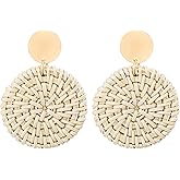 CEALXHENY Rattan Earrings for Women Handmade Straw Wicker Braid Drop Dangle Earrings Lightweight Geometric Statement Earrings (B Round)