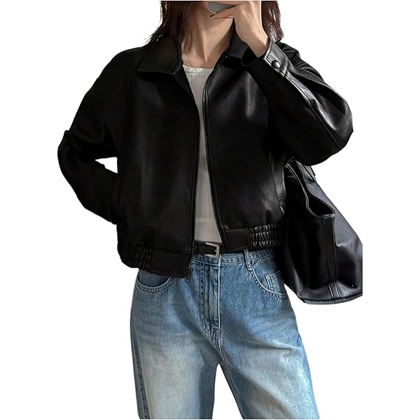 CIDER Faux Leather Stand Collar Zipper Biker Jacket: Brown, L at