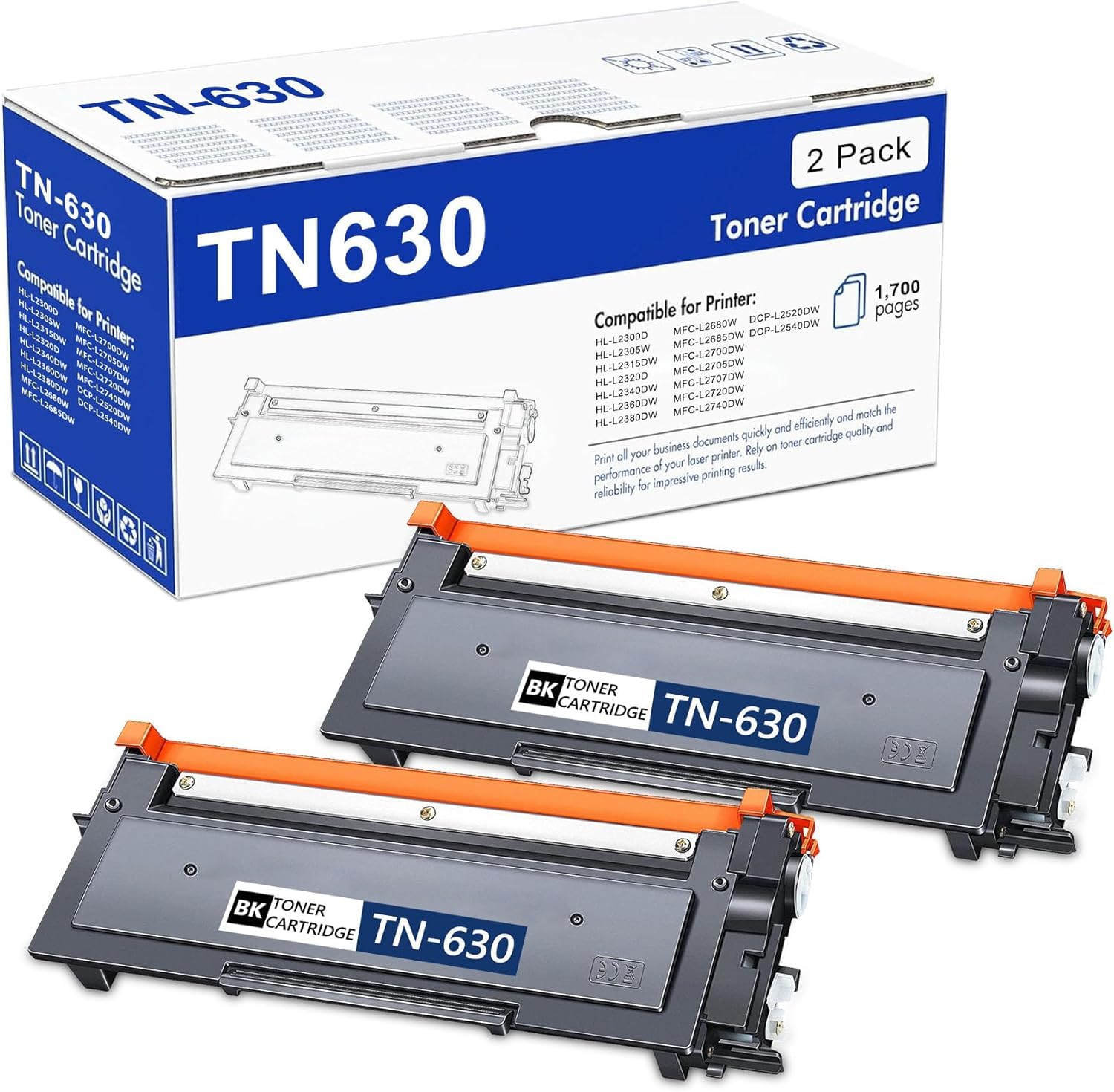 Photo 1 of TN630 Toner Cartridge Replacement for Brother TN-630 Toner Cartridge Black High Yield Work with HL-L2300D HL-L2380DW HL-L2320D DCP-L2540DW MFC-L2700DW MFC-L2685DW 2 Pack