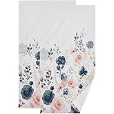 HUAZHIKOU Navy Blue Pink Floral Hand Towels for Bathroom Set of 2 Watercolor Blossom Garden Flowers Face Towels Microfiber Rose Kitchen Towels Decorative Bathroom Towel for Gym Shower Guest 14" x 28"