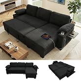KCGKCG 93" L Shaped Sleeper Sofa Bed, Pull Out Sectional Couch with Storage Chaise/Reclining Backrest, Sectional Couches for Living Room with USB Port, Foldable Table, Cup Holder, Side Pocket, Black