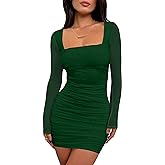 BORIFLORS Women's Sexy Ruched Bodycon Mini Dress Mesh Long Sleeve Club Party Short Dresses