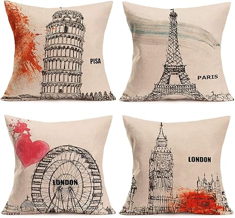 Amazon Com Fukeen Travel Scenery Famous City Building Decorative Pillow Covers Black Painting Leaning Tower Of Pisa Big Ben London Eiffel Tower Paris Throw Pillow Cases Cotton Linen 18 X18 Cushion Cover Home