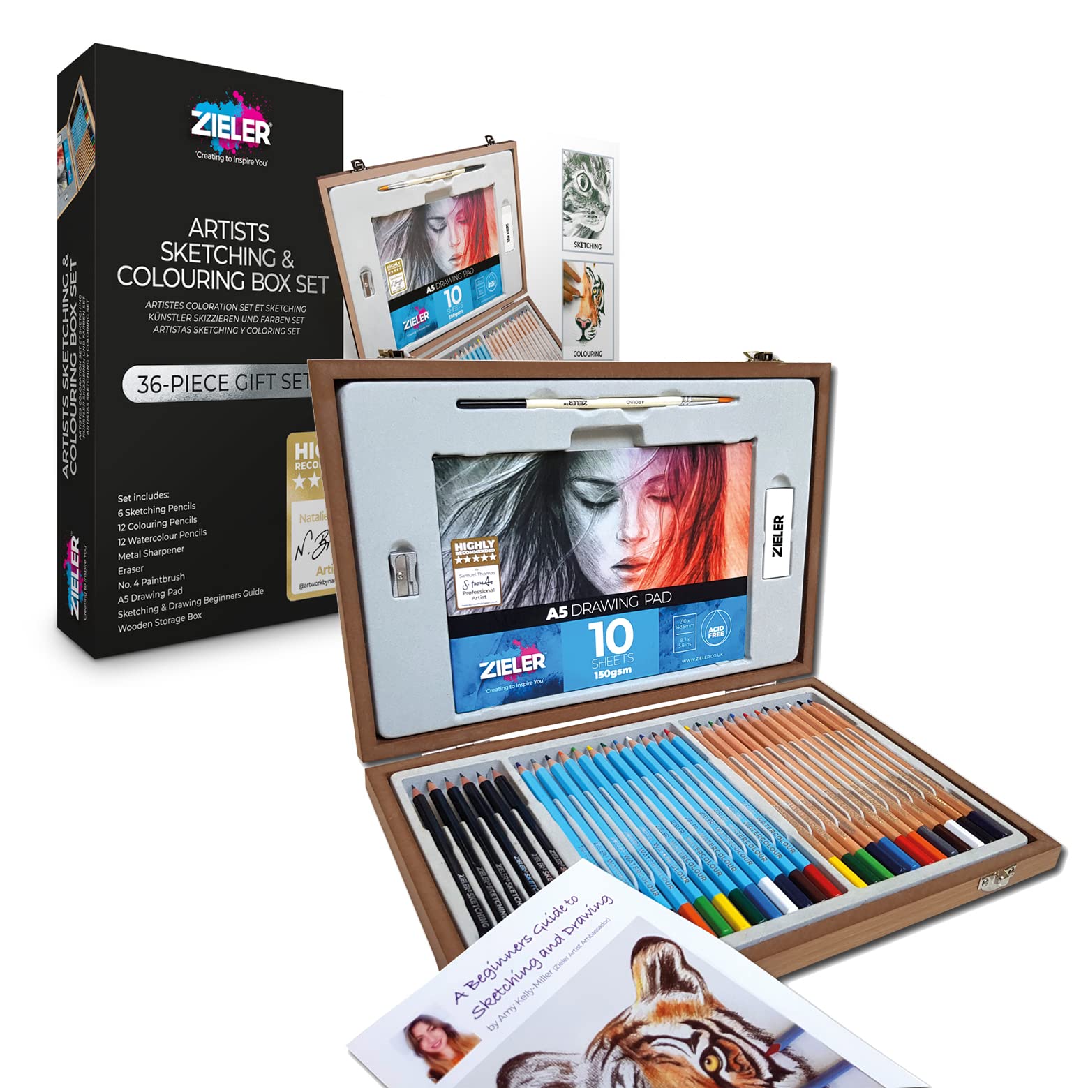 Zieler Artists Pencil Wooden Box Set 12 Watercolour Pencils, 12 Colouring Pencils & 6 Sketching/Graphite Pencils, Metal Sharpener, Eraser & Drawing Pad