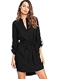 Milumia Women's V-Neck 3/4 Sleeve High Low Curved Hem Self-Tie Waist Shirt Dress