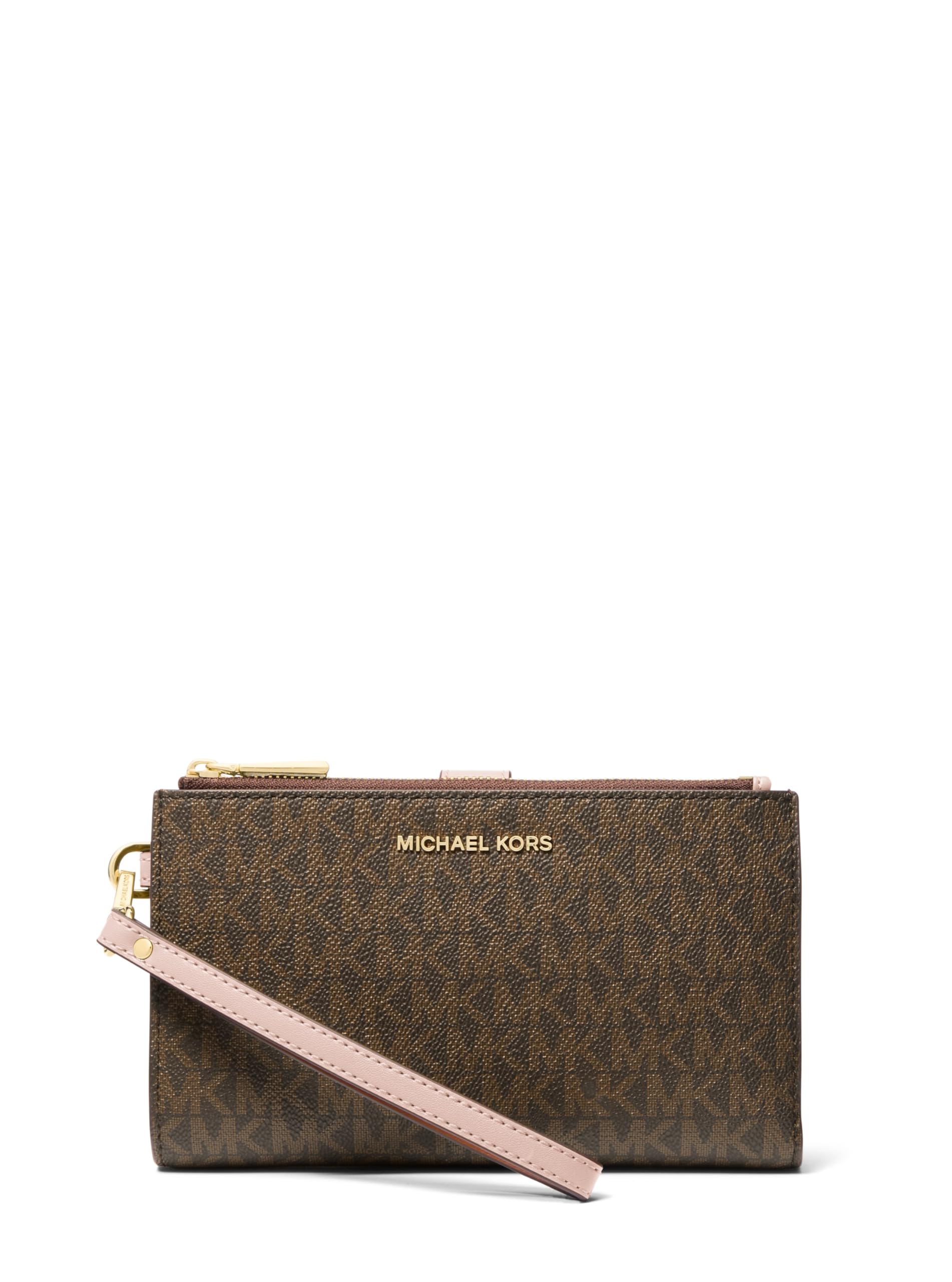 Michael Kors Women's Jet Set Double Zip Wristlet, Gold-Tone Hardware/Brown/Soft Pink Image