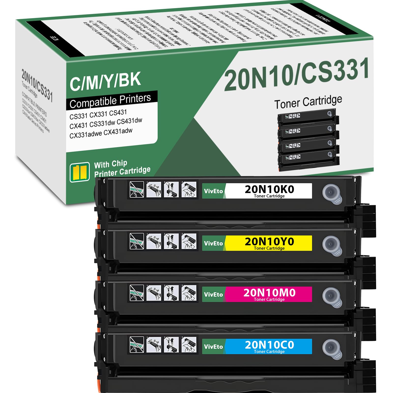 Photo 1 of *USED*
20N10 CS331 CX331 Toner Cartridge (with New Chip) Replacement for Lexmark 20N10 20N10K0 20N10C0 20N10M0 20N10Y0 for CS331 CX331 CS431 CX431 CS331dw Series Laser Printer, 20N10 4-Color Combo Toner