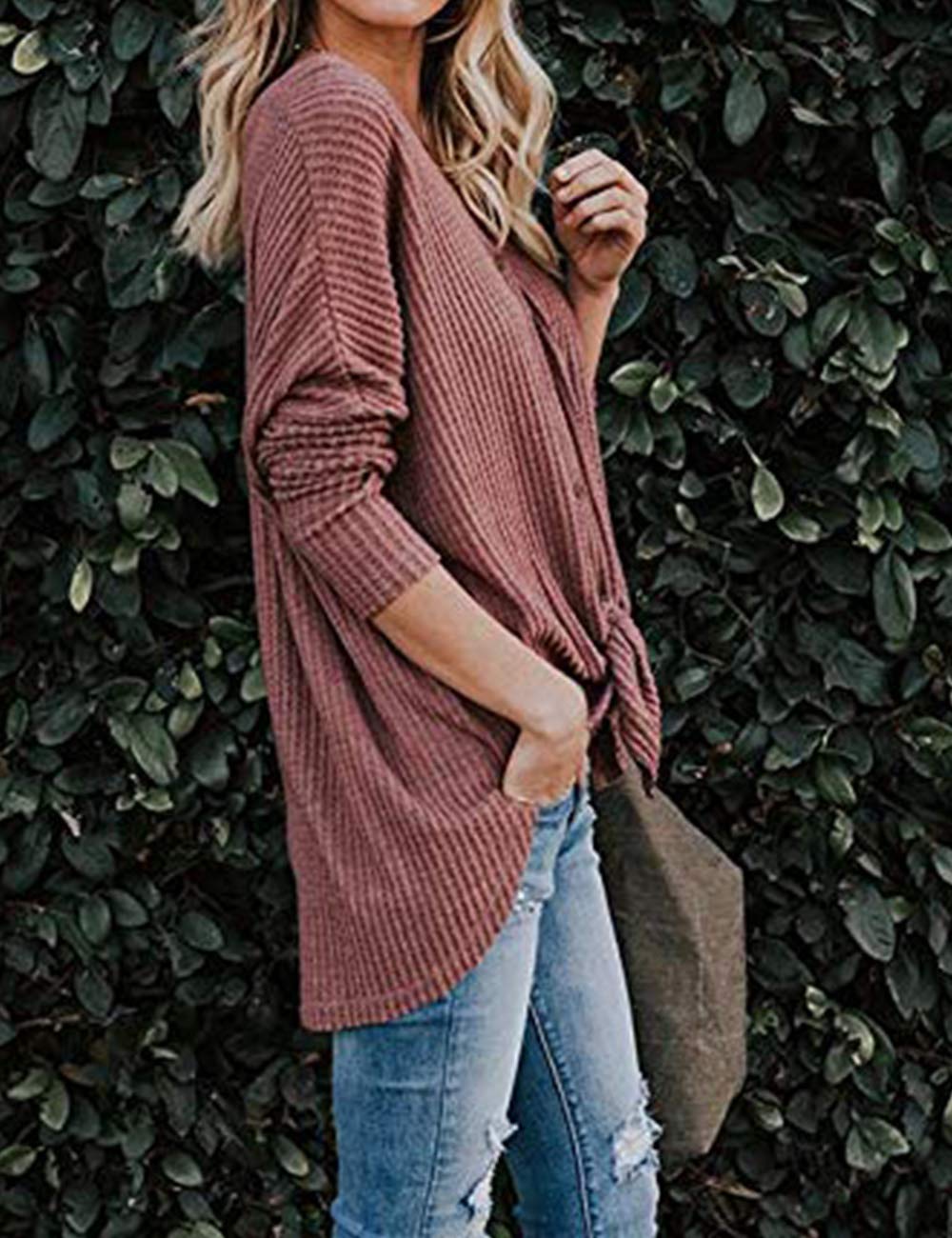 Poplover Womens Loose Knit Tunic Blouse Bow Henley Tops with Button Wine red Large