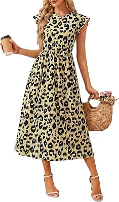 Vestido Largo Verano Mujer Vestido Casual Cuello Redondo Cintura Alta Cintura Elástica Manga Volante Vestidos Boho Playa Fluido Línea A (Leopardo, M)