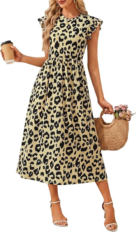 Sommerkleid Damen Elegant Maxikleid Casual Rundhals Lang Kleid mit Rüschen Ärmeln Sommer Hohe Taille A Linie Freizeitkleid Strandkleid mit Taschen (Hellblau mit Blumenmuster, M)