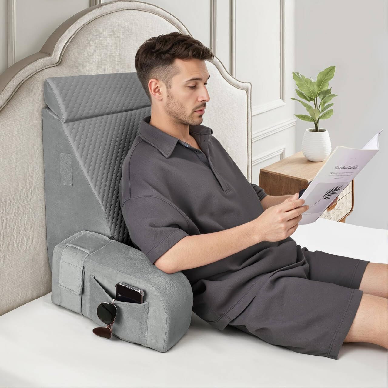Photo 1 of Reading Pillow for Sitting in Bed Adult, Back Pillow for Bed Sitting up, Reading & Bed Rest Pillows for Watching (Gray/Gray)