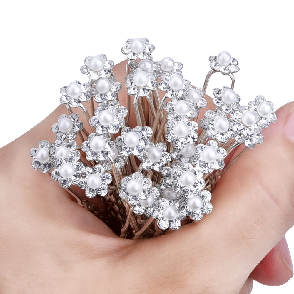 eBoot 40 Pack Wedding Bridal Pearl Flower Crystal Hair Pins Clips, White : Beauty