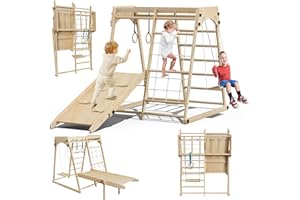 ACENOVA Foldable Indoor Jungle Gym for Toddlers, 8-in-1 Montessori Indoor Toddler Climbing Playset, Space-Saving Toddler Indoor Playground with Slide/Climbing, Play Table/Net, Monkey Bars, Swing,Hanging Ring