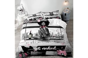 LUVIVIHOME VIVIHOME 3PCS Sexy Black Girl King Duvet Cover Set, Pink Bag High Heels Get Naked Inspirational Quotes African American Bedding Set, Comforter Cover, Apartment Bedroom Decor for Women, 2 Pillowcases