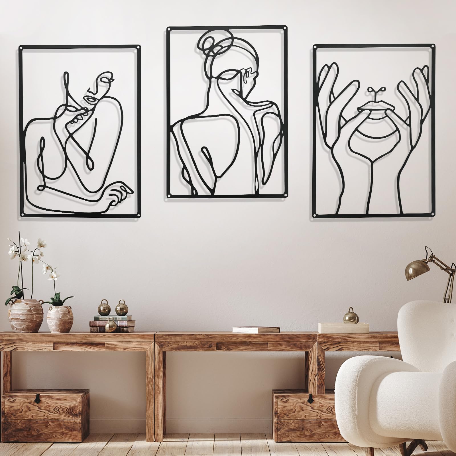 3 Pieces Metal Wall Art Modern Bedroom Decor Minimalist Wall Art Abstract Female Silhouette Wire Metal Artwork for Walls Black Line Wall Decorations for Living Room Bathroom Bedroom - 35×25 cm
