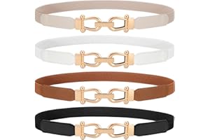 WERFORU 4 Pack Women Skinny Elastic Waist Belt Gold Buckle Stretchy Thin Belt for Jeans Dress