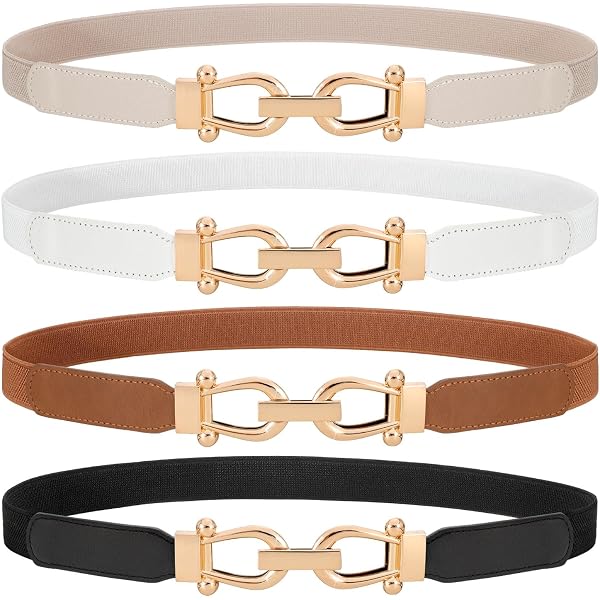Women Skinny Leather Belts, 4 Pack Thin Waist Belt with Gold  display picture 2
