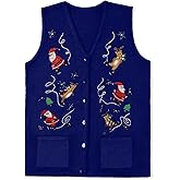 Women Christmas Knit Vest Top Santa Embroidery Sleeveless Button Down Sweater Vest Xmas Snowman Cardigans Tank Top