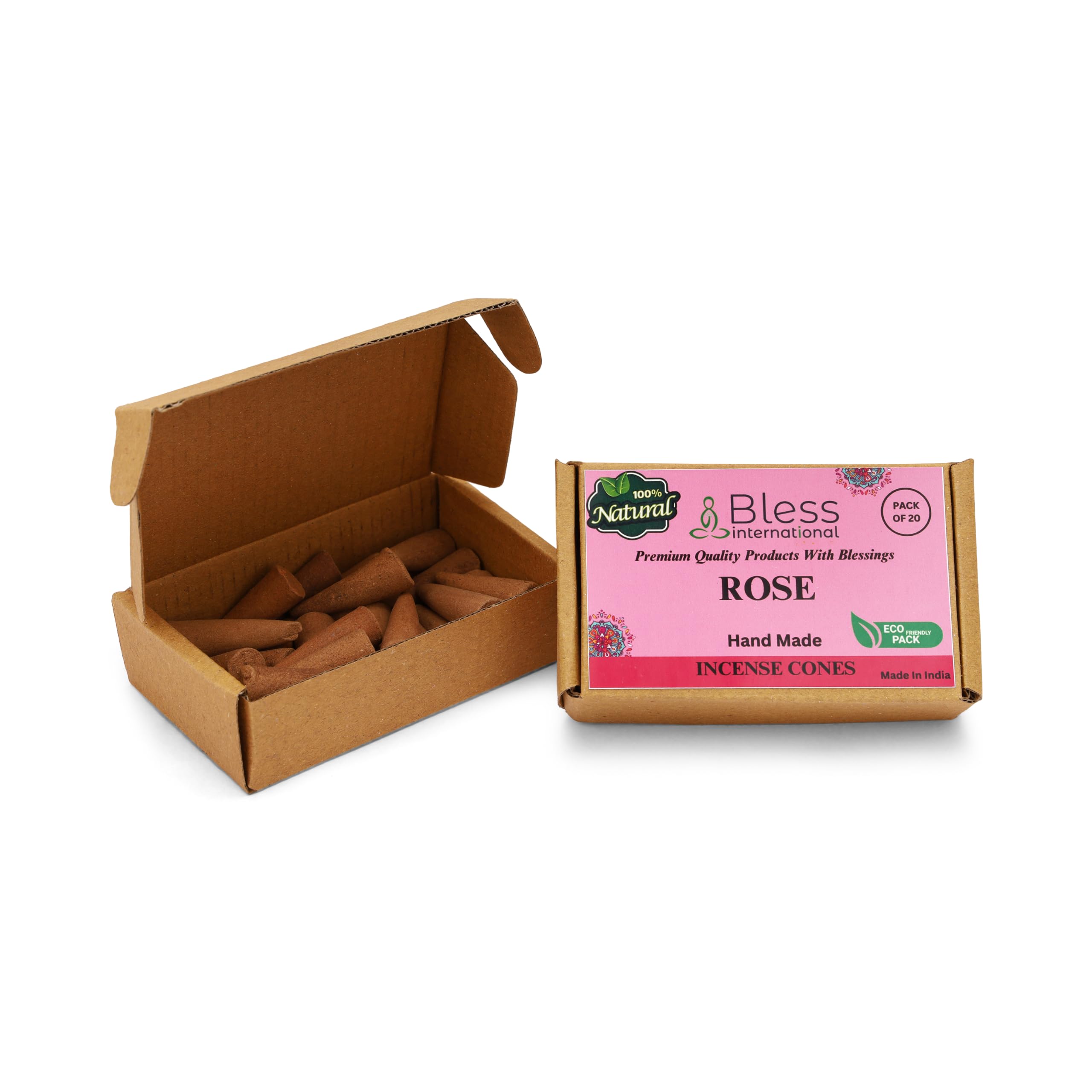 Bless International Rose 100%-Natural-Incense-Cones Handmade-Hand-Dipped Organic-Chemicals-Free for-Purification-Relaxation-Positivity-Yoga-Meditation The-Best-scents (20 Count)