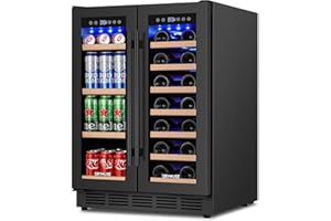 ORYMUSE 24" Dual Zone Wine & Beverage Refrigerator – Under Counter Cooler with Upgraded Cooling & Blue LED Light, Hold 20 Bottles and 88 Cans Large Capacity Wine Fridge, Built-In or Freestanding – Black