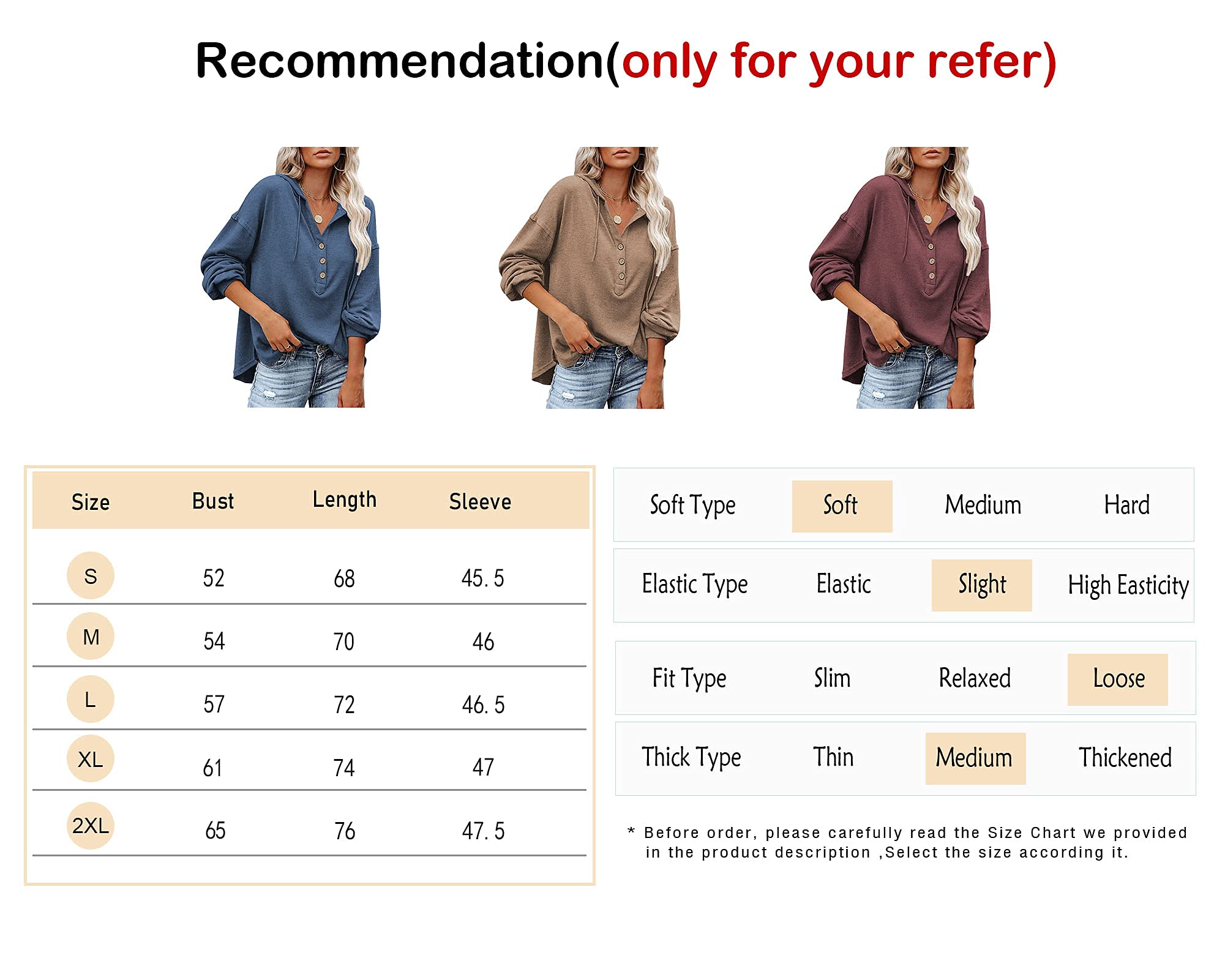 PLOKNRD Kapuzenpullover Damen Langarm Knöpfen Pullover mit Kordelzug Freizeit V-Ausschnitt Hooded Henley Sweatshirt Klassisch(Cremeweiß, L)