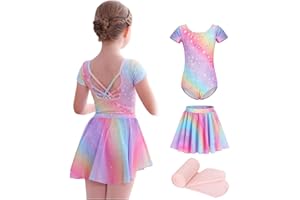 MdnMd Girls Ballet Leotards Combo with Tights Skirt Removable Toddler Ballerina Dance Dresses Soft Outfit Short Sleeve