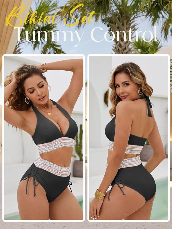 Maillot de Bain Femme 2 Pieces Col en V Bikini Set Deux Pièces Maillot de Bain Push Up Bikini Taille Haute Maillots Deux Pièces Ventre Plat Halter Bikinis Femme 2 Pieces Swimwear