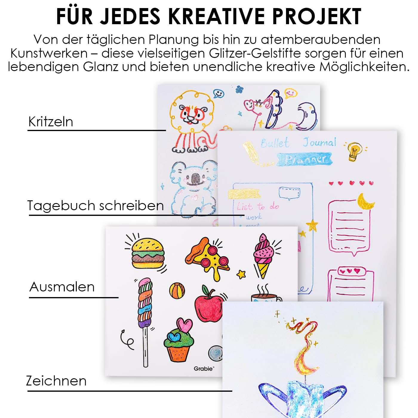 Grabie Glitzer Gelstifte, 18 Farben, metallisch leuchtende Glitzer stifte zum Ausmalen, einziehbare kugelschreiber für Erwachsene, farbige stifte für Zeichnungen 8