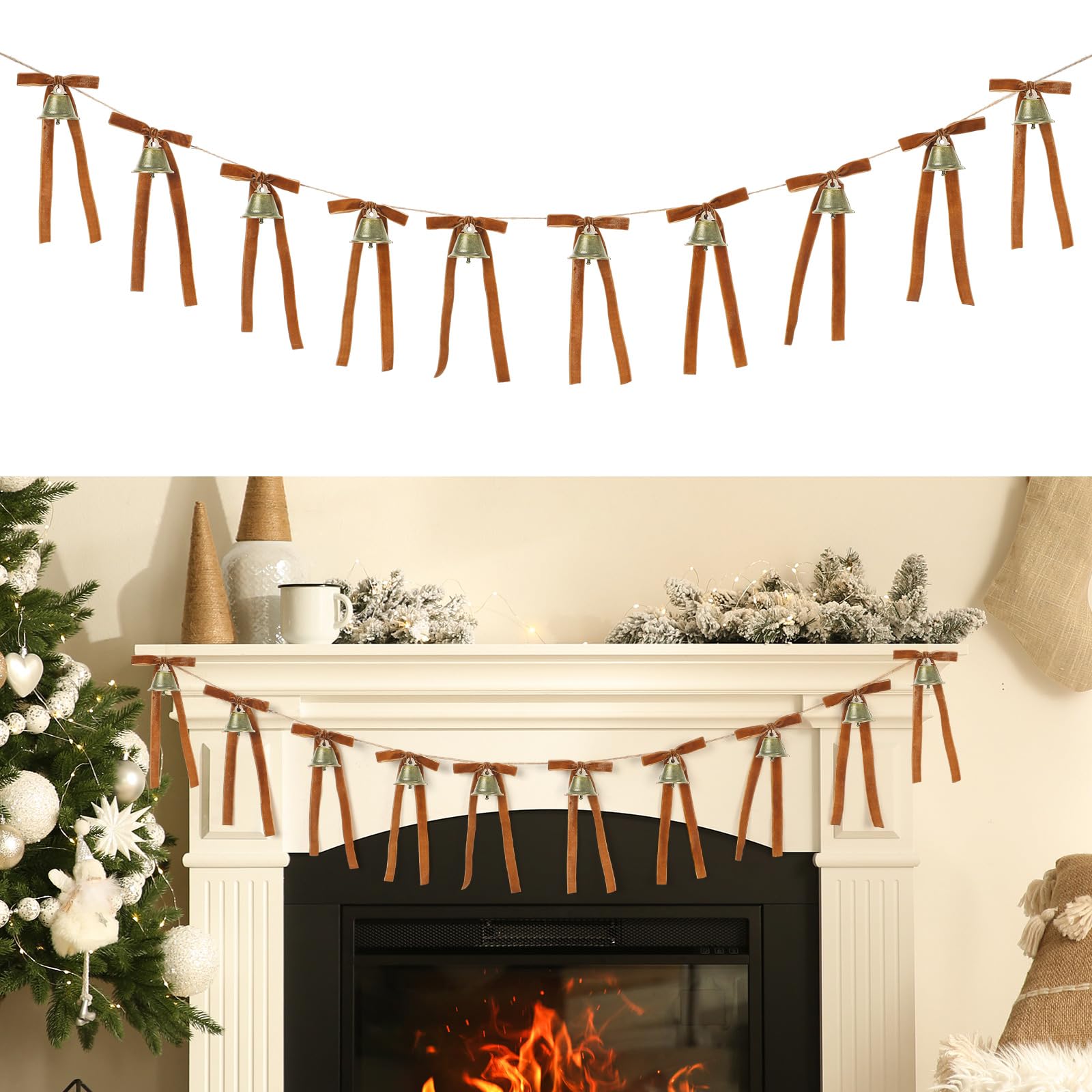 Photo 1 of **MINOR DAMAGE - USED**
Khaki Christmas Jingle Bell Garland with Velvet Bows Vintage Ribbon Bows Bells Banner 6 ft Christmas Hanging Ornaments Rustic Decor for Xmas Tree Home Mantel Fireplace Wall Staircase