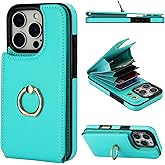 Folosu Compatible with iPhone 16 Pro Case Wallet with Card Holder, 360°Rotation Finger Ring Holder Kickstand, RFID Blocking Leather Protective Double Buttons Shockproof Cover 6.3 Inch Mint Green