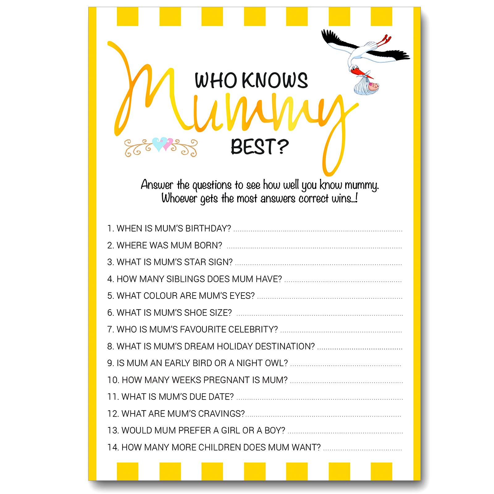 36 x Yellow Baby Shower Games Who Knows Mummy Best 36 Pack - Boy/Girl/Unisex (Yellow, 36 Pack)